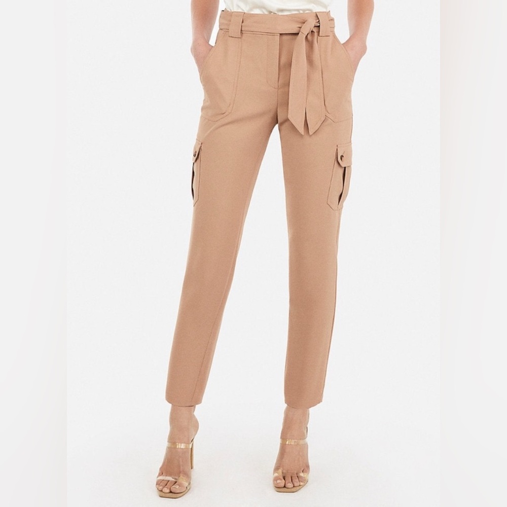 EXPRESS High Waisted Sash Tie Utility Cargo Ankle Pant in Soft Camel, Size 8